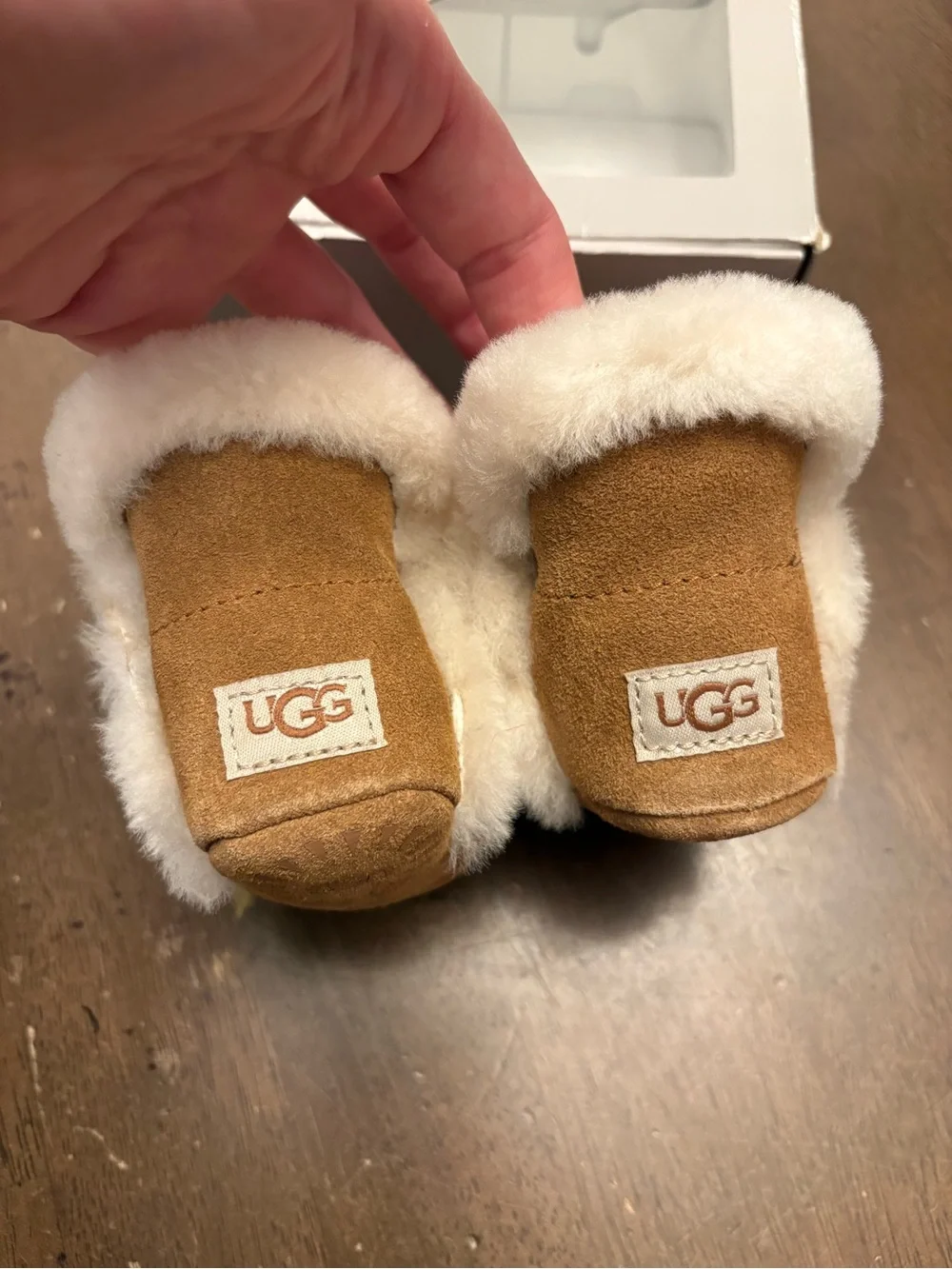 UGG Baby/Toddler Tan Suede Booties with Cream Shearling Trim